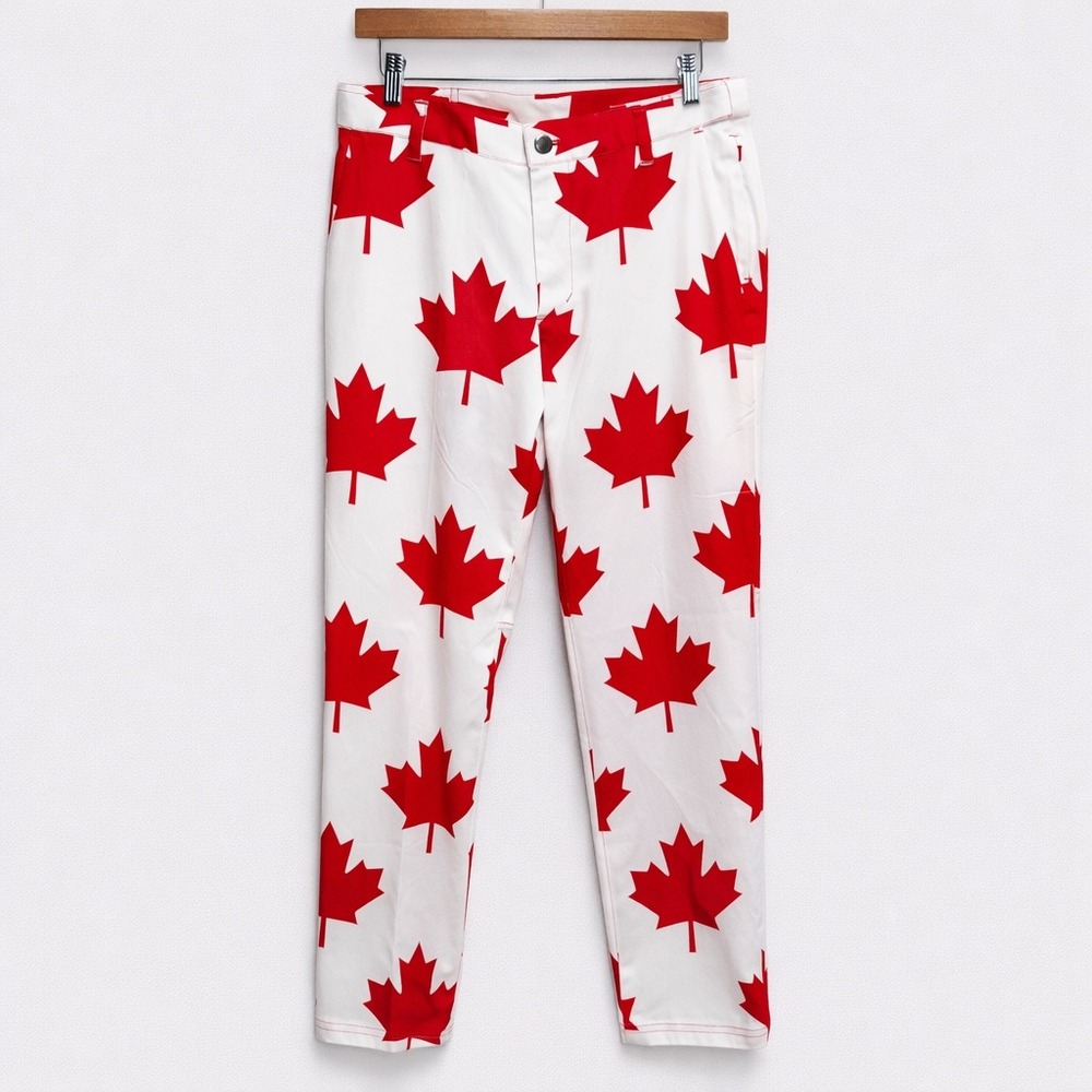 Loudmouth Golf Mens Pants 32x30 White Red Maple Leaf‎ Print Straight Leg